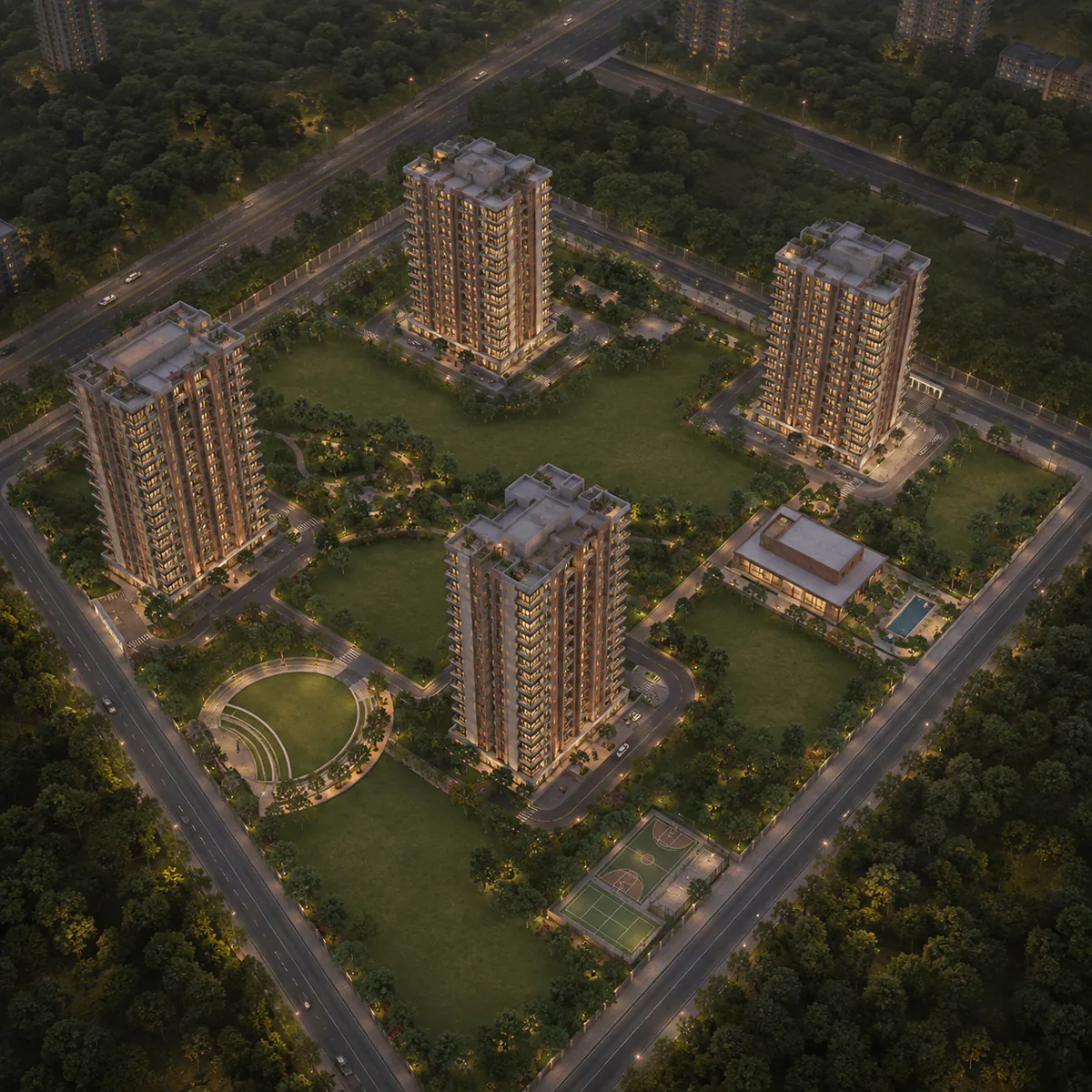 Nambiar Kannamangala aerial view - four Ground+20 blocks on twelve acres around the central green spine Nambiar Kannamangala aerial view - four Ground+20 blocks on twelve acres around the central green spine