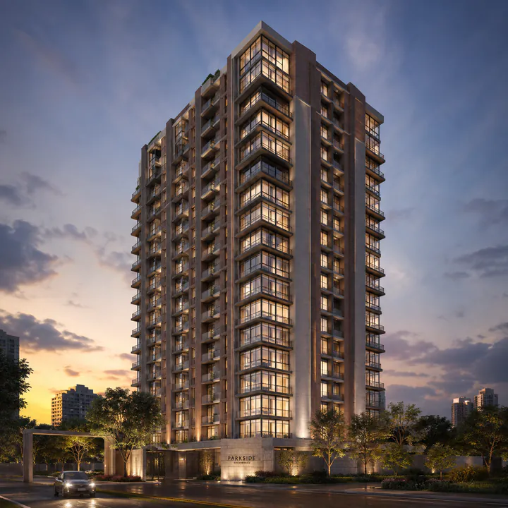 Nambiar Kannamangala tower exterior - Ground+20 elevation at dusk in brick, stone and exposed concrete