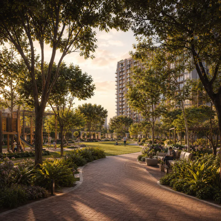 Nambiar Kannamangala landscaped central green spine with shaded walkways and specimen tree canopy