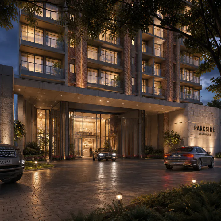 Nambiar Kannamangala double-height entrance lobby with landscaped forecourt beyond