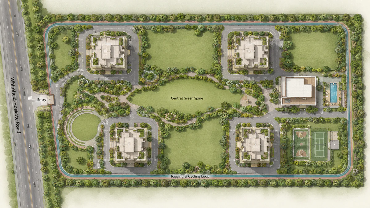Nambiar Kannamangala master plan showing the block layout, central green spine, clubhouse and site entry
